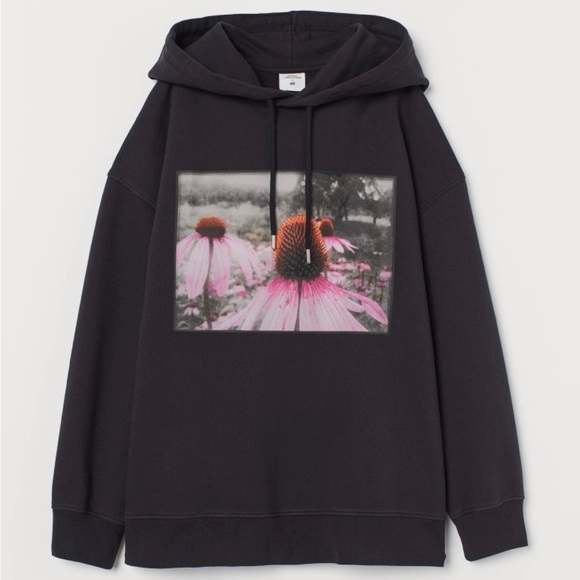 Helena Christensen x H&M Floral Graphic Black Hooded Pullover Sweatshirt - Picture 4 of 8